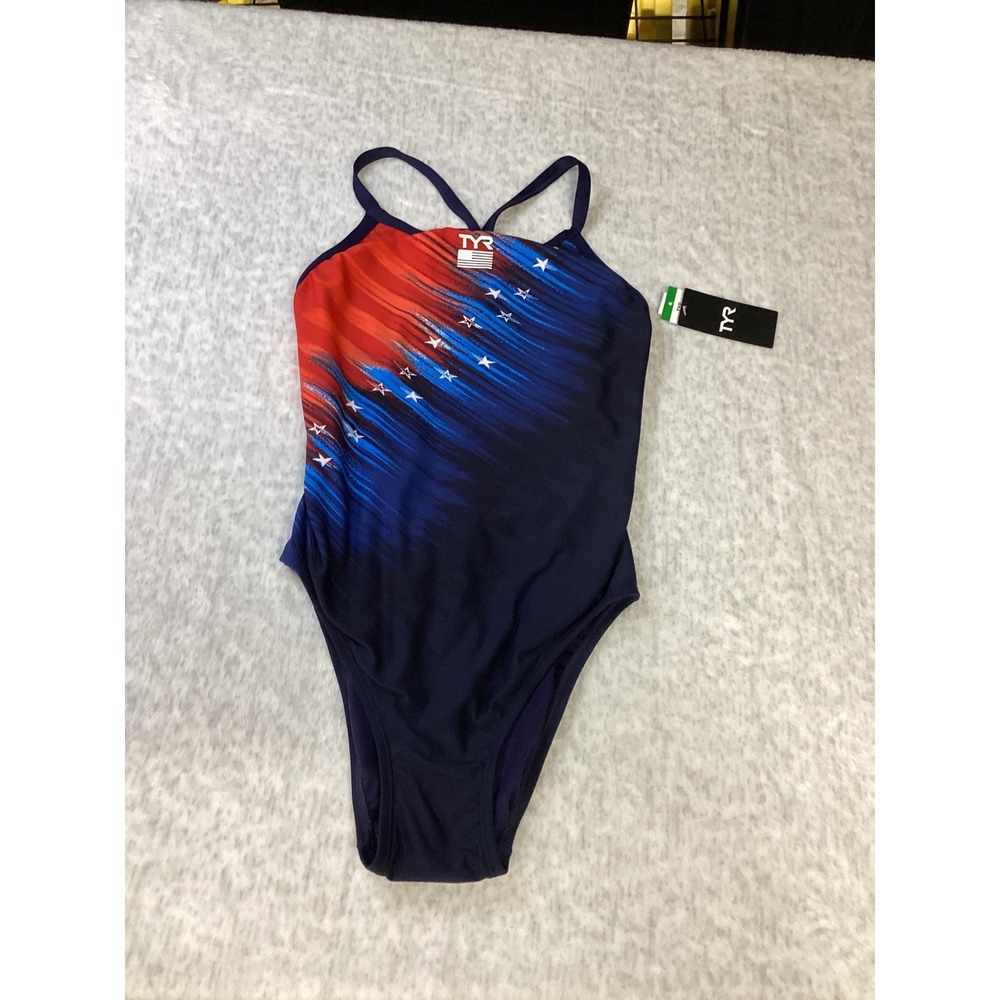 TYR Durafast Elite Women 36 L Valiance One Piece Swimsuit Navy Red Blue Stars